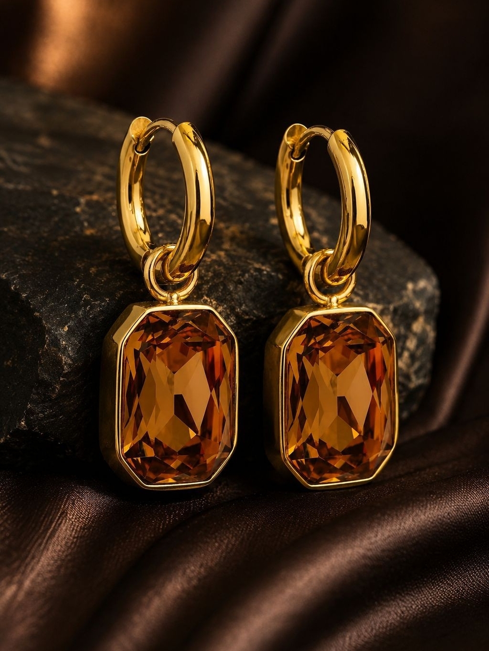 Gold Hoops with Amber Gem Drop - Picture 3 of 9